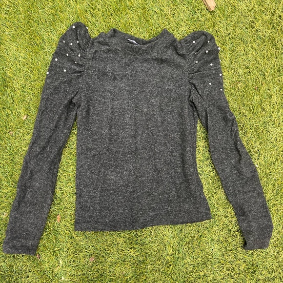 Zara Sweaters Zara Grey Poofy Shoulder Sweater With Rhinestones